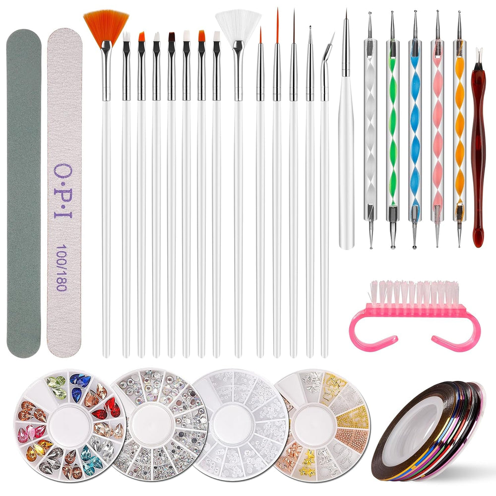 Nail Art Dekorationen & Nagelpinsel Set, Nageldesign Zubehör, Nagelset 5 Stk 2 Wege Punktierung Stift, 15 Malerei Polnisch Pinsel Set, 10 Streifenband, 4 Boxen Bunte Nagel Rhinestones Dekoration