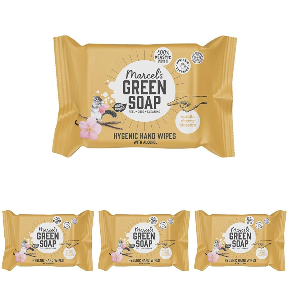 Șervețele umede igienice pentru mâini Marcel's Green Soap, pachet de 60 - Vanilie și floare de cireș - Pe bază de plante - Ecologice