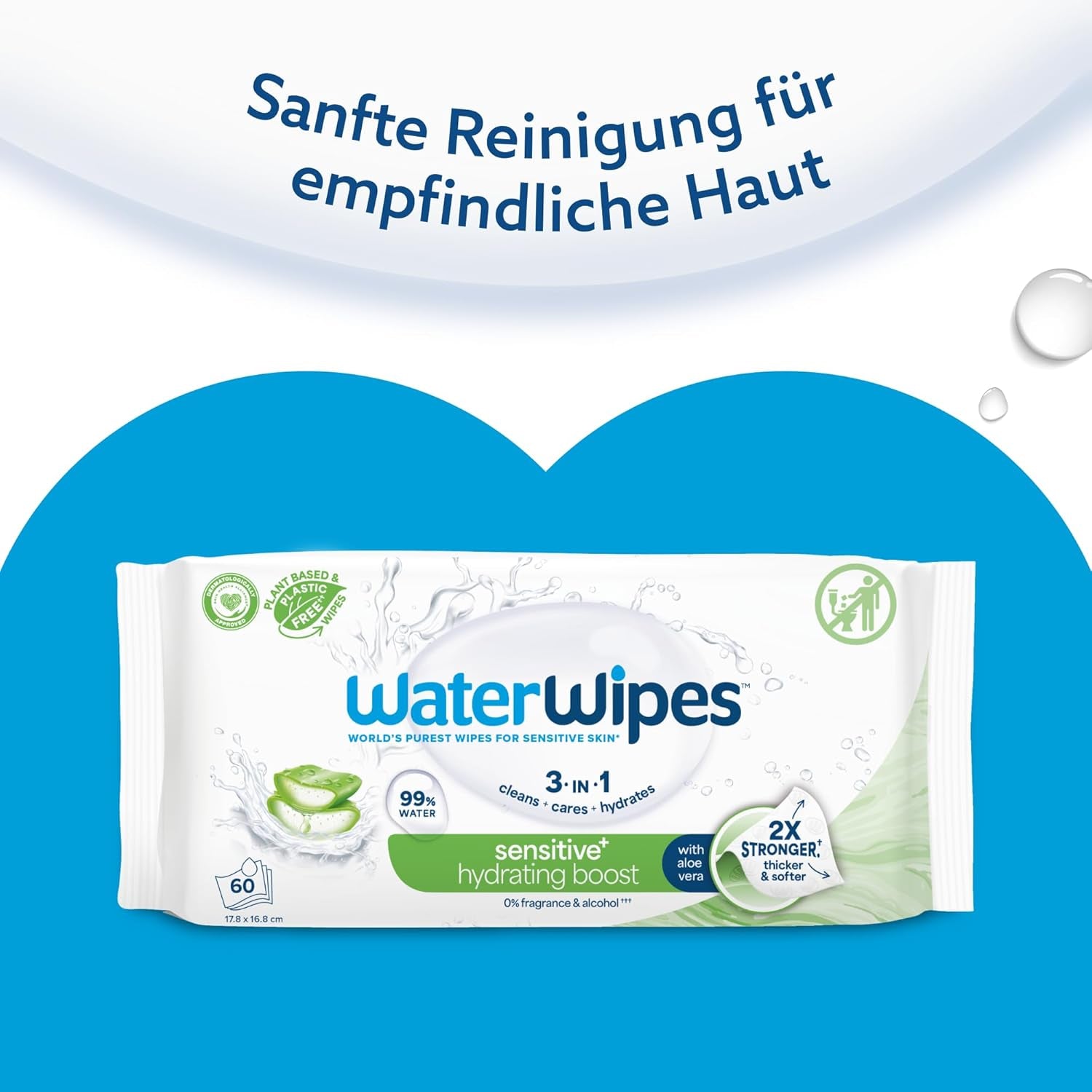 Șervețele umede WaterWipes Sensitive+ Hydrating Boost, șervețele hidratante, 360 bucăți (6 pachete), 3 în 1 curăță, îngrijește, hidratează, 99% apă cu aloe vera, șervețele umede fără parfum pentru bebeluși