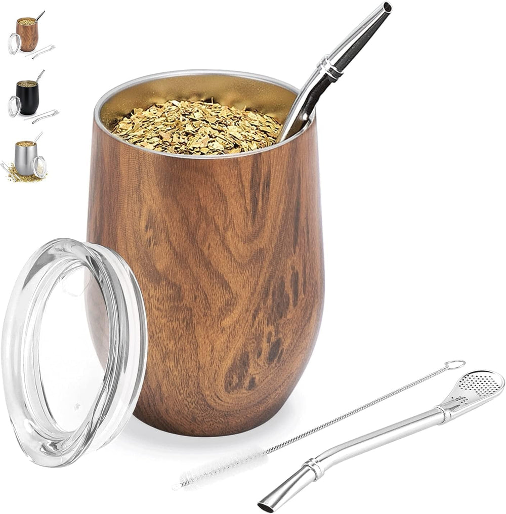 Cana modernă pentru mate 340 ml, set de căni pentru yerba mate din oțel inoxidabil cu pereți dubli izolați, cană pentru ceai mate cu capac fără BPA, bombillas și o perie de curățare (argintiu)