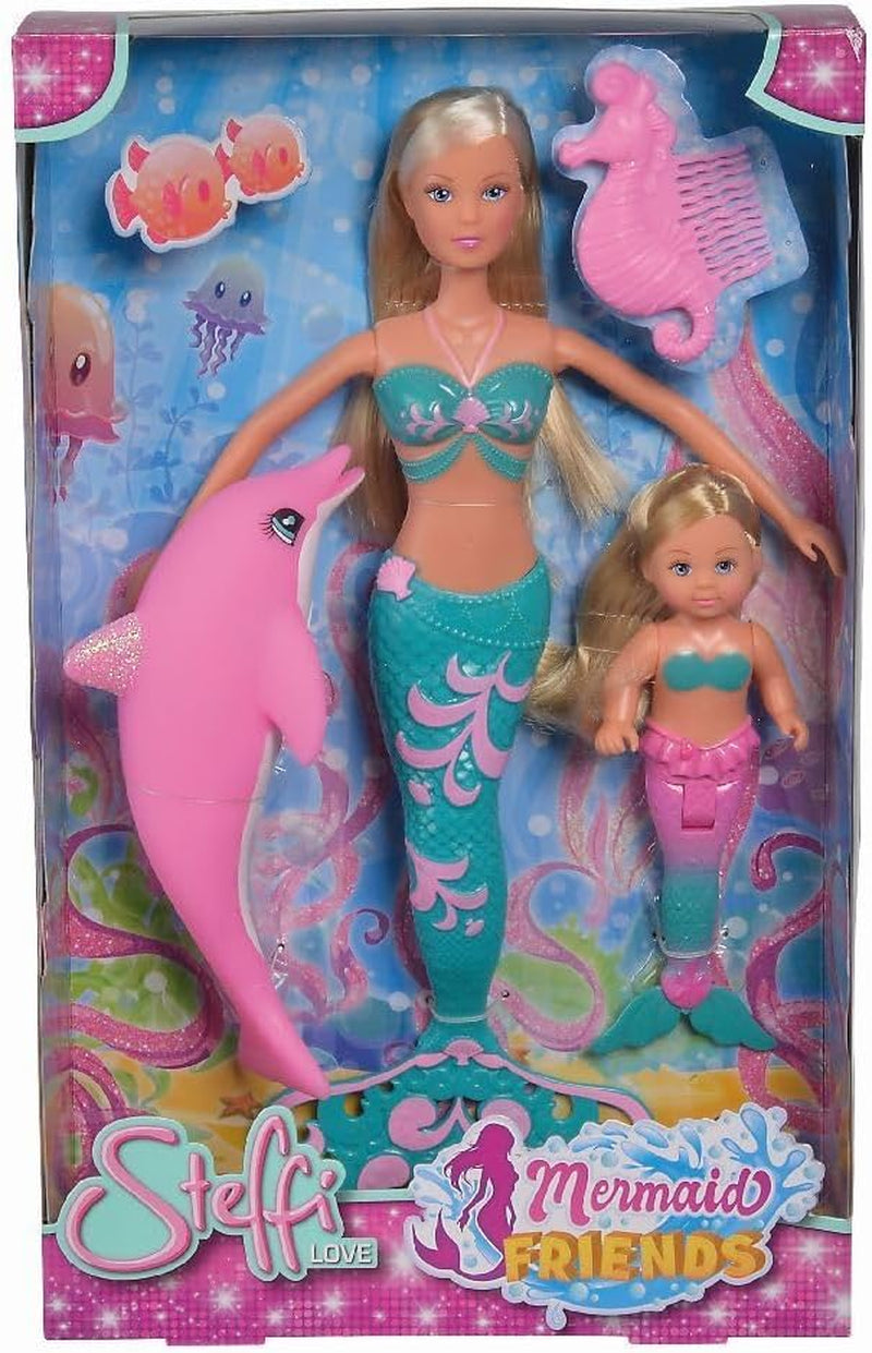 Simba 105733336 - Steffi LOVE Mermaid Friends, păpușă ca o sirenă magică cu sora Evi, figurină cu delfin și multe altele, jucărie pentru copii de la 3 ani în sus Papusi Naty Shop