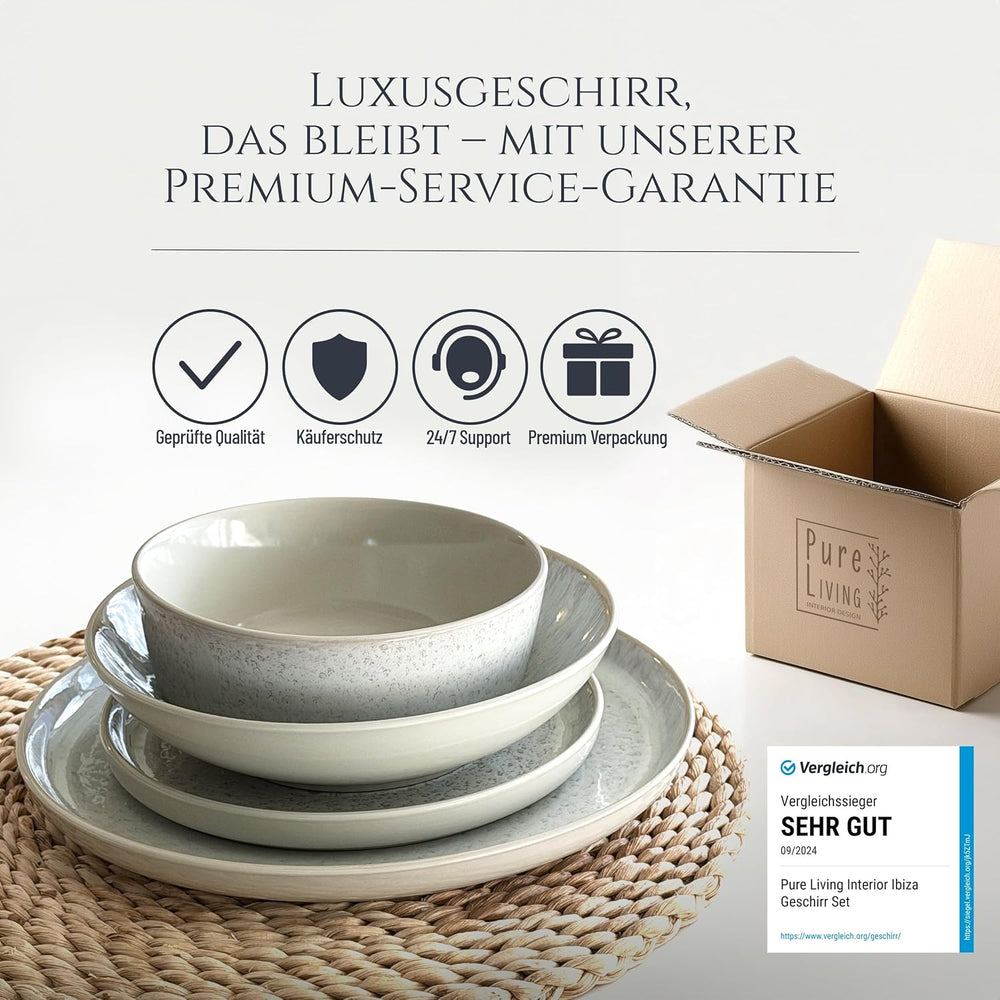 Set de veselă din gresie ceramică, format din 48 de piese, pentru 12 persoane, design Ibiza, CÂȘTIGĂTOR AL TESTULUI. Un set de veselă mediteranean superb, din gresie ceramică, inclusiv boluri și farfurii. Set de veselă Pure Living, bej.