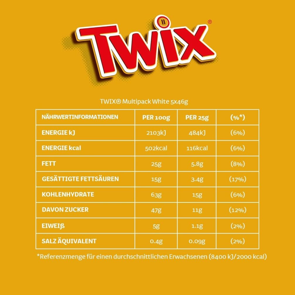 Batoane Twix de ciocolată albă; caramel, biscuiți, ciocolată albă; pachet multiplu de ciocolată; 5 batoane (5 x 46 g)