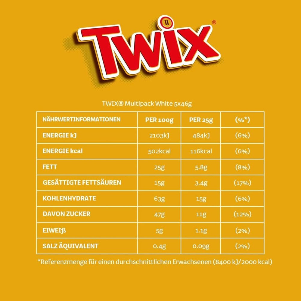Batoane Twix de ciocolată albă; caramel, biscuiți, ciocolată albă; pachet multiplu de ciocolată; 5 batoane (5 x 46 g)