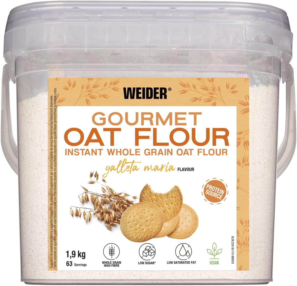 Făină de ovăz Weider Gourmet (1,9 kg) aromă de brownie. Fulgi de ovăz integrali. Sursă de proteine cu conținut scăzut de zahăr.