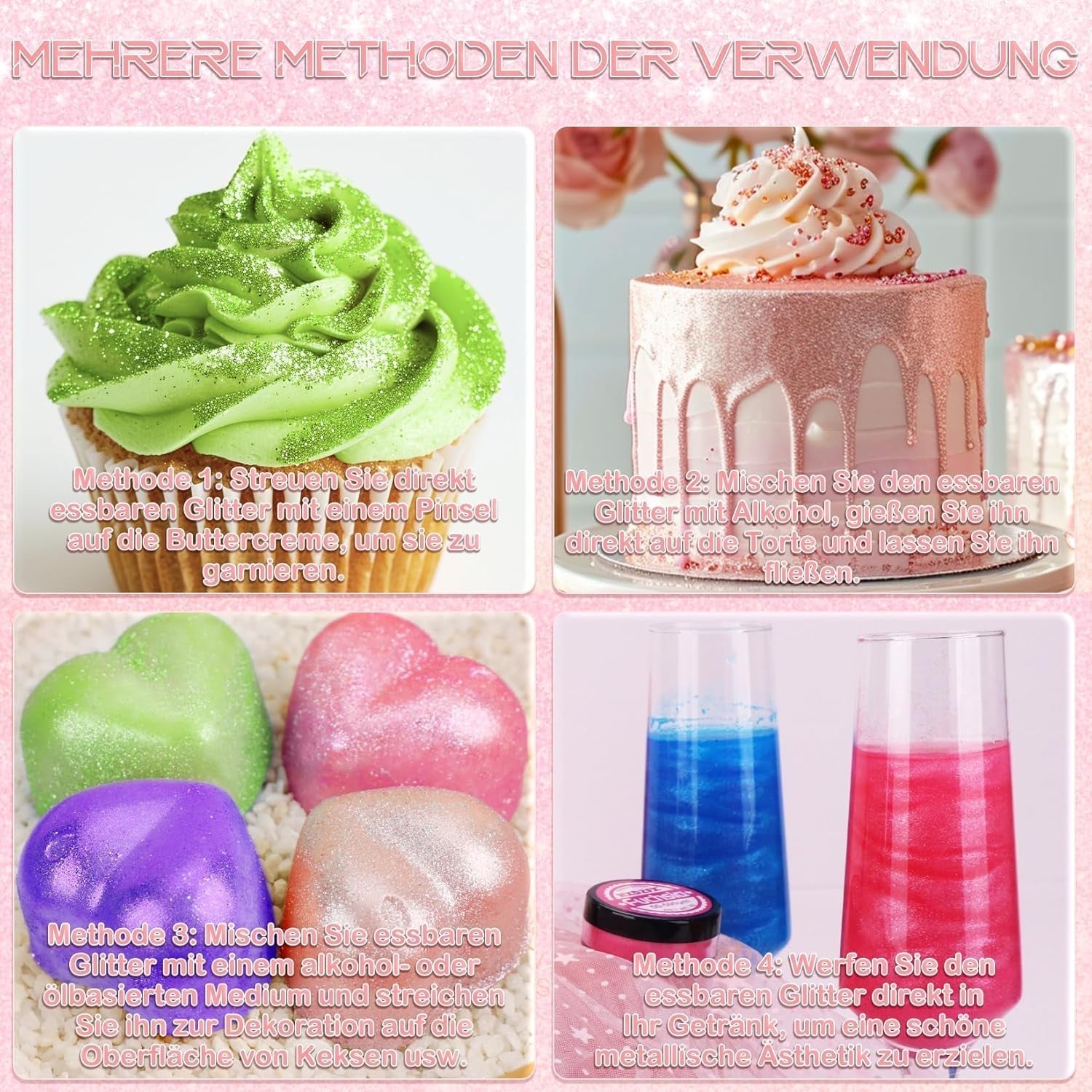 Essbarer Glitzer Für Getränke - Lebensmittelfarbe Pulver, Schimmerndes Glitzerpulver, Lebensmittel Glitzerpuder Für Schokolade, Kuchen, Fondant, Drinks - 8G (Frucht Grün) Naty Shop