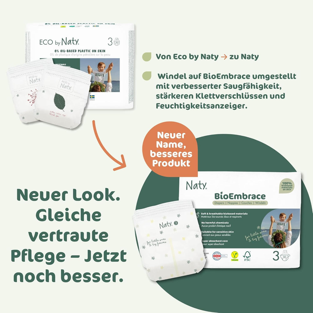 Scutece pentru bebeluși Naty BioEmbrace, mărimea 3 (4–9 kg) | 100% materiale pe bază de plante, delicate cu pielea | Moliciune respirabilă, testate dermatologic, absorbție excelentă | 100 buc.