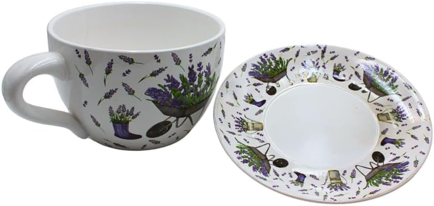 Ghiveci de flori Dekohelden24, jardinieră, ghiveci pentru plante, recipient pentru plante, ghiveci de flori. Ghiveci ceramic în formă de cupă cu mâner, design: lavandă, L/l/Î 25 x 23 x 14 cm.