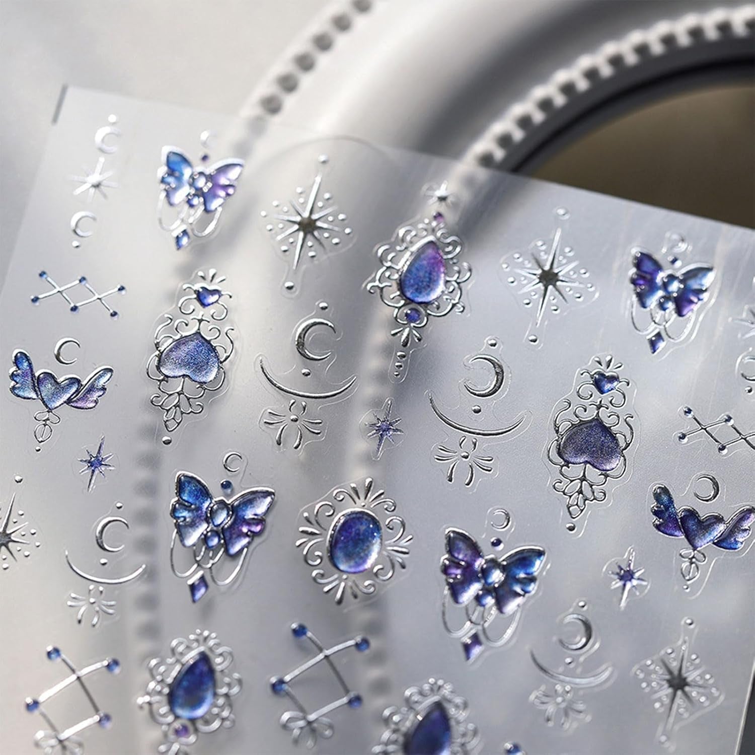 JMEOWIO 3D Nagelsticker Blauer Nail Art Sticker Selbstklebend Nagelaufkleber 5D Stereoskopisch Mondstern Dekoration Nageldesign Zubehör 1 Blatt