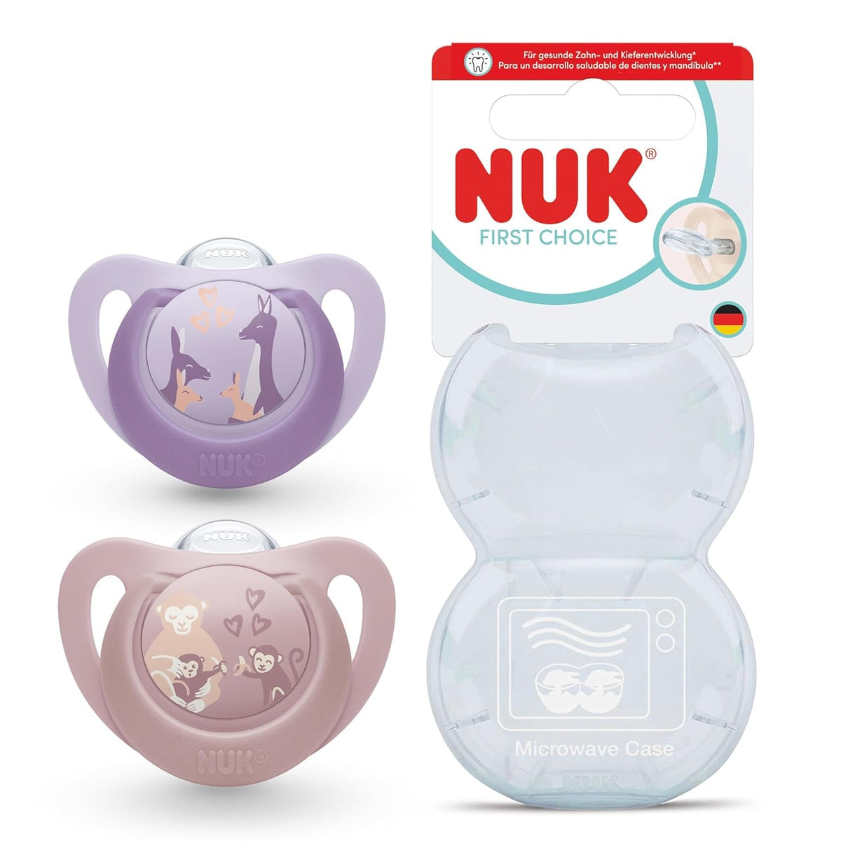 Suzete NUK First Choice pentru bebeluși | 6-18 luni | Suzete ortodontice | Calmează 99% dintre bebeluși** | Maimuță/Cangur | Pachet de 2