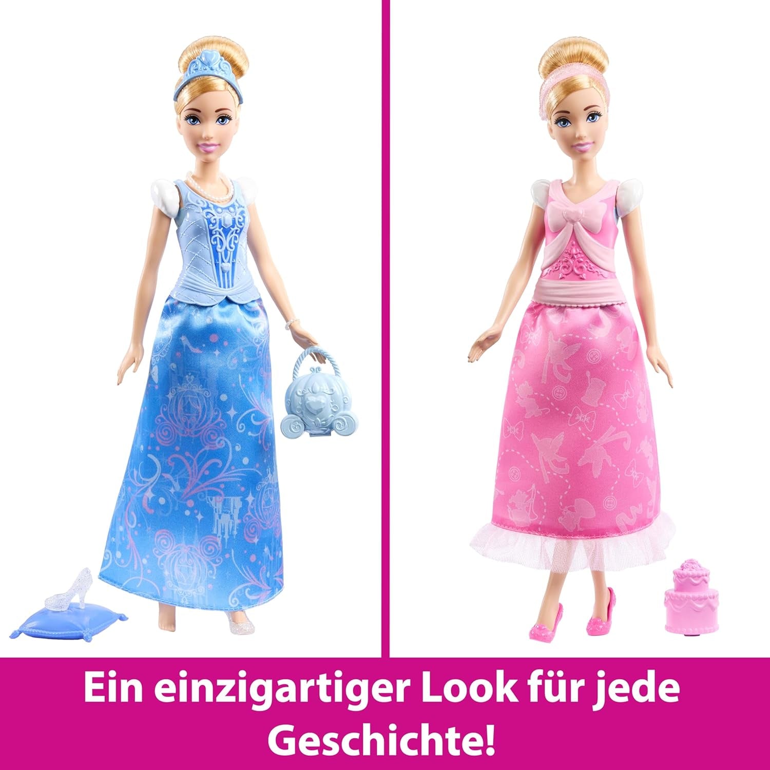 Mattel Disney-Princess-Spielzeuge, Cinderella-Modepuppe mit 2 Looks, 9 Accessoires, 2 Oberteile zum Anklipsen und 2 Röcke. 2-in-1-Geschichten inspiriert vom Disney-Film, JCR95