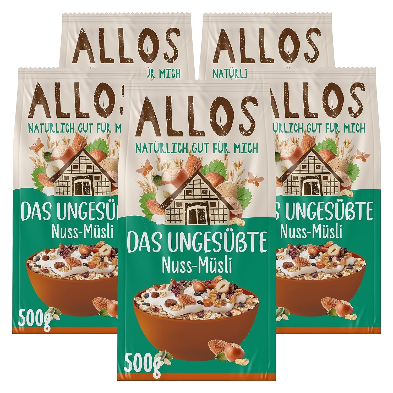 Muesli proteic neîndulcit Allos | Muesli organic | Fulgi de ovăz | Cereale pentru micul dejun | Vegan (5 x 450g), 1 bucată (pachet de 5)