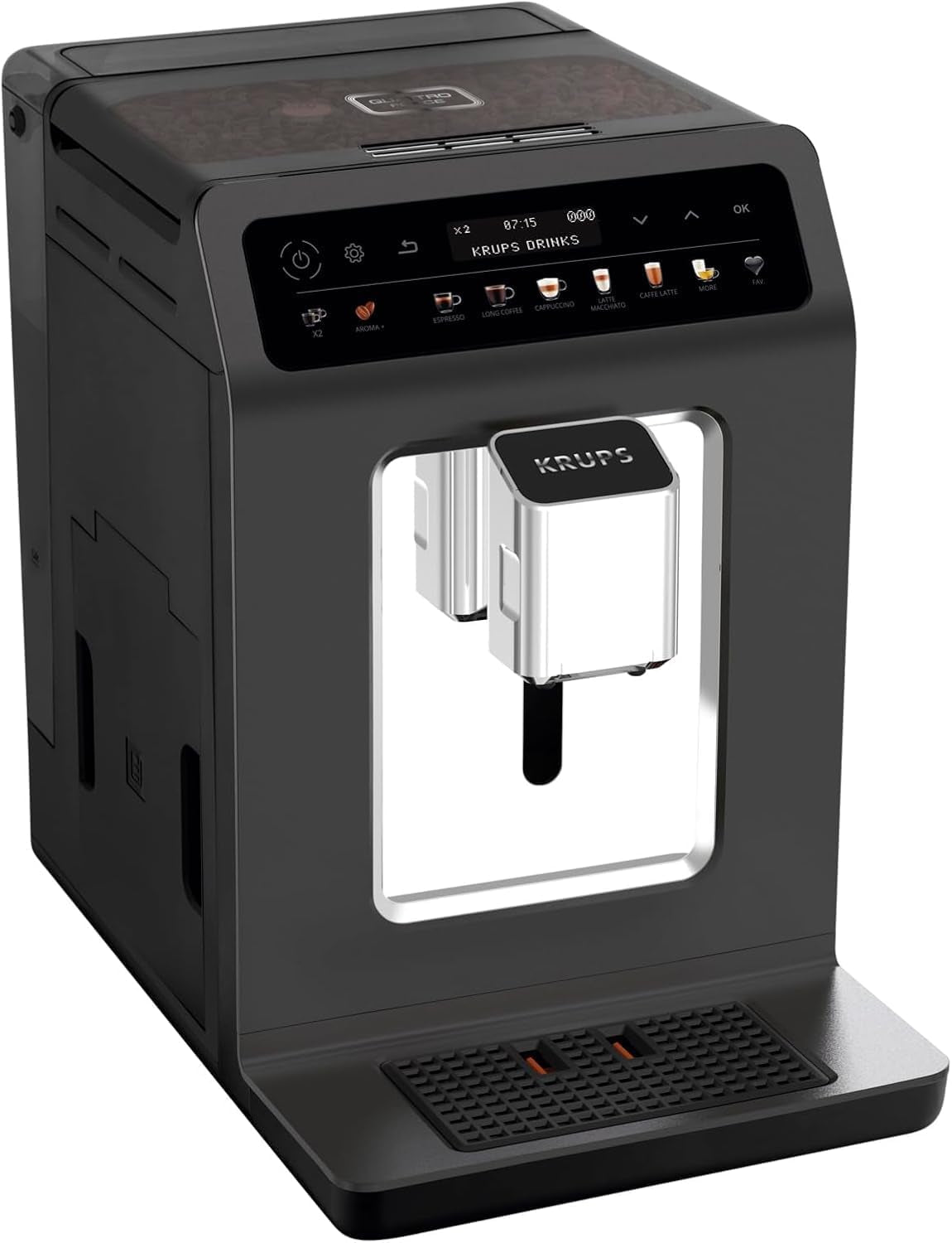 Espressor automat KRUPS Evidence One cu furtun pentru lapte, cappuccino cu o singură atingere, 12 specialități de băuturi, funcție pentru 2 cești, afișaj color, espressor, certificat TÜV, negru, EA895N10