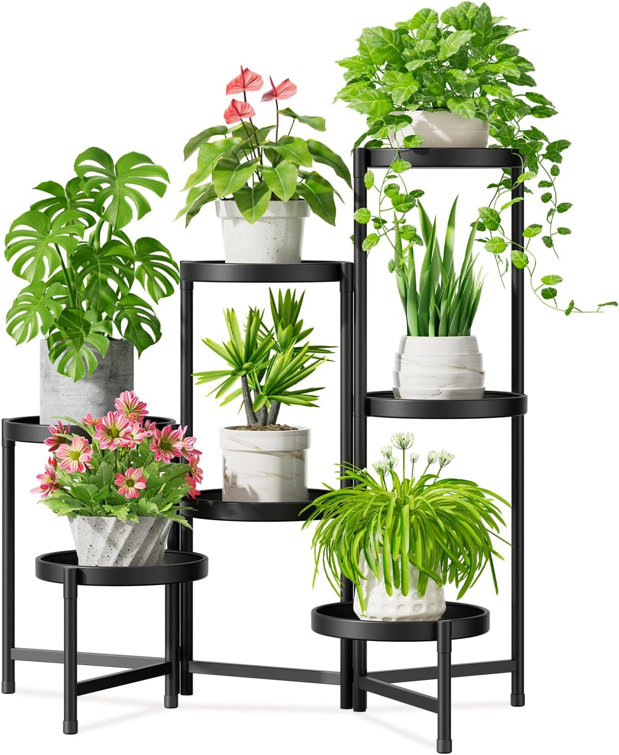 Idavosic.Ly Pflanzenständer Metall Groß Mit 5 Etagen, Blumenständer Pflanzenregal Blumenregal Indoor Outdoor, Faltbar Blumentreppen Innen Plant Stand Shelf Für Garten Balkon Wohnzimmer (Rund, Schwarz)