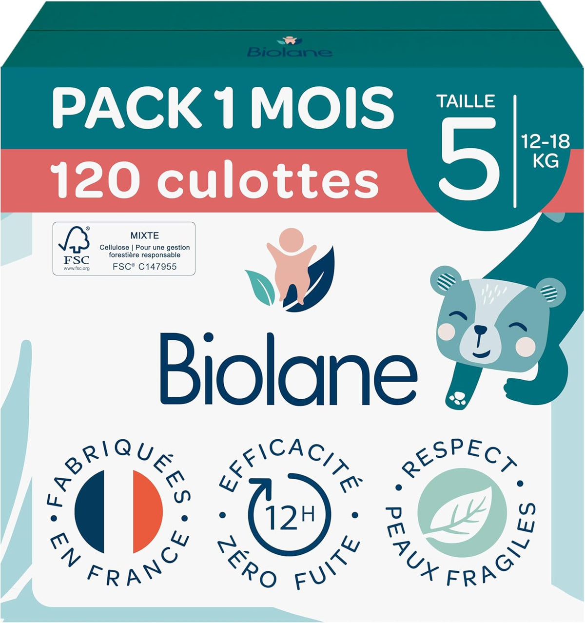 BIOLANE - Scutece scurte – Mărimea 5 (12-18 kg) – Etanșeitate 12 ore – Pachet pentru 1 lună – 120 scutece – ecologice