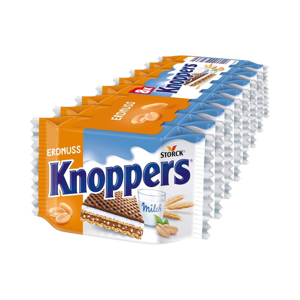 Knoppers Alb și Negru – 8 x 25 g – Felii de napolitană umplute cu napolitane cu cacao neagră, bucăți de biscuiți negri, lapte și cremă de nuga
