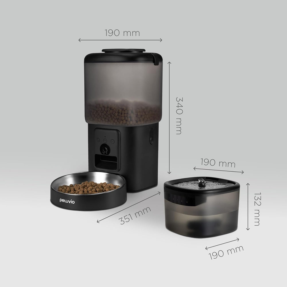 Hrănitor automat pentru pisici Feast cu aplicație și cameră, video live cu vedere nocturnă și audio bidirecțional, control al porțiilor, bol din oțel inoxidabil, fântână de băut pentru pisici cu filtru, 4,5 l și 2,5 l