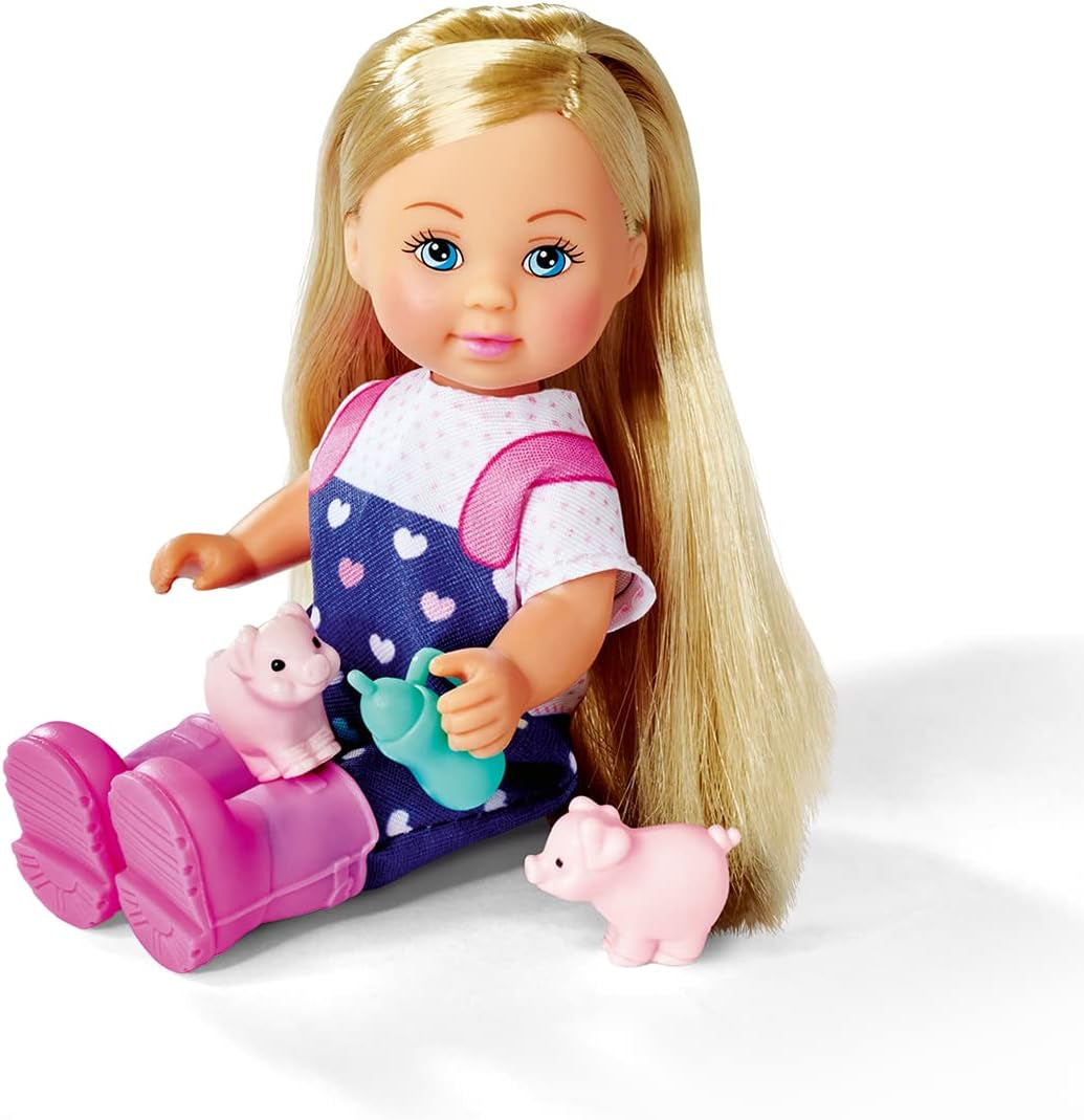 Simba 105733598 - Evi Love Baby Pigs, Puppe mit süßer Latzhose und Vier Babyschweinen, mit Äpfel, Trinkflasche und Gehege, 12cm Spielpuppe, ab 3 Jahren