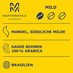 Martermühle Santos Kaffeebohnen 1kg mild I Arabica I Aromen: Mandel, Süssliche Milde I Ganze Kaffee-Bohnen schonend geröstet, säurearm