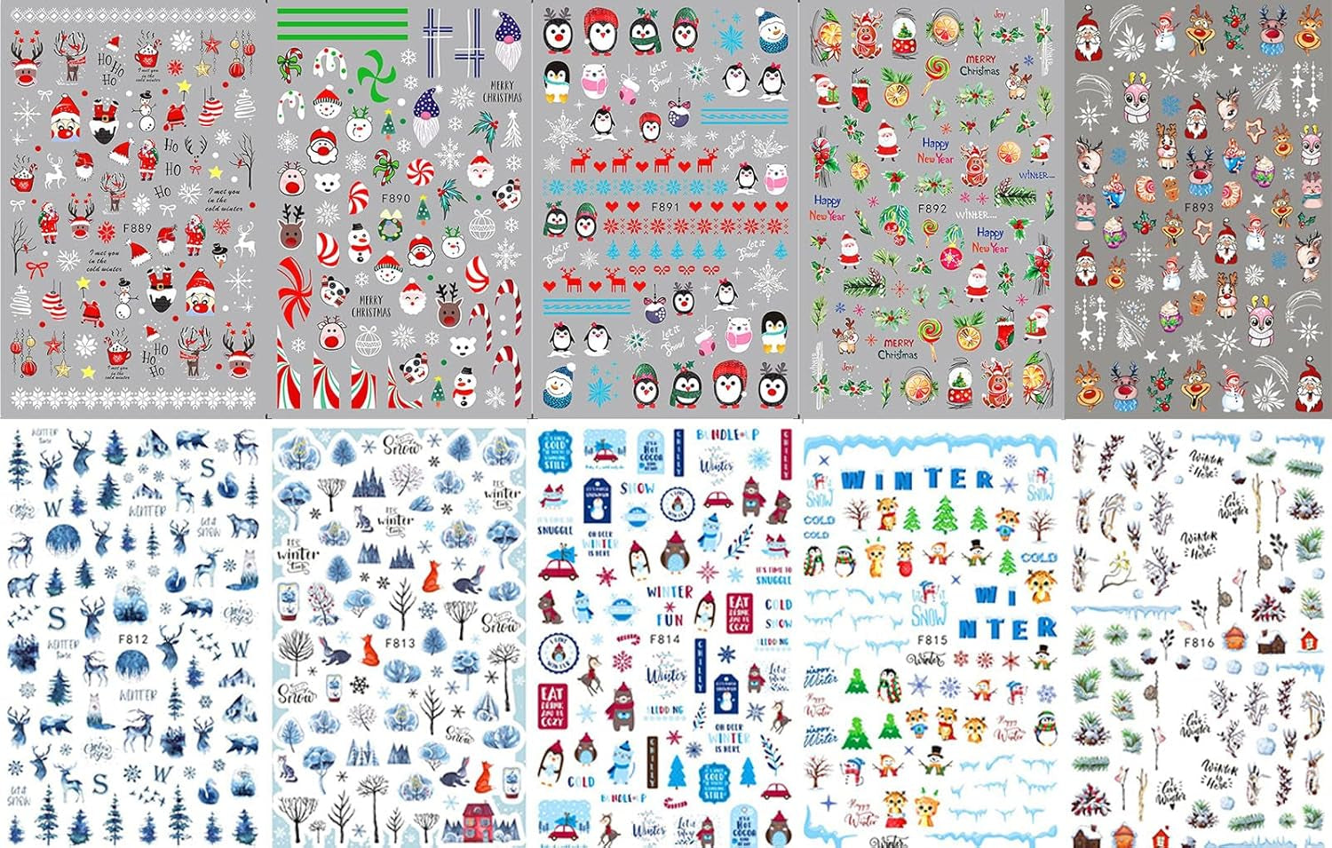 10 Blatt Nagelsticker Weihnachten Nagelaufkleber Selbstklebend Bule White Pine Tree Rentier Nail Art Sticker Dekoration Nageldesign Zubehör