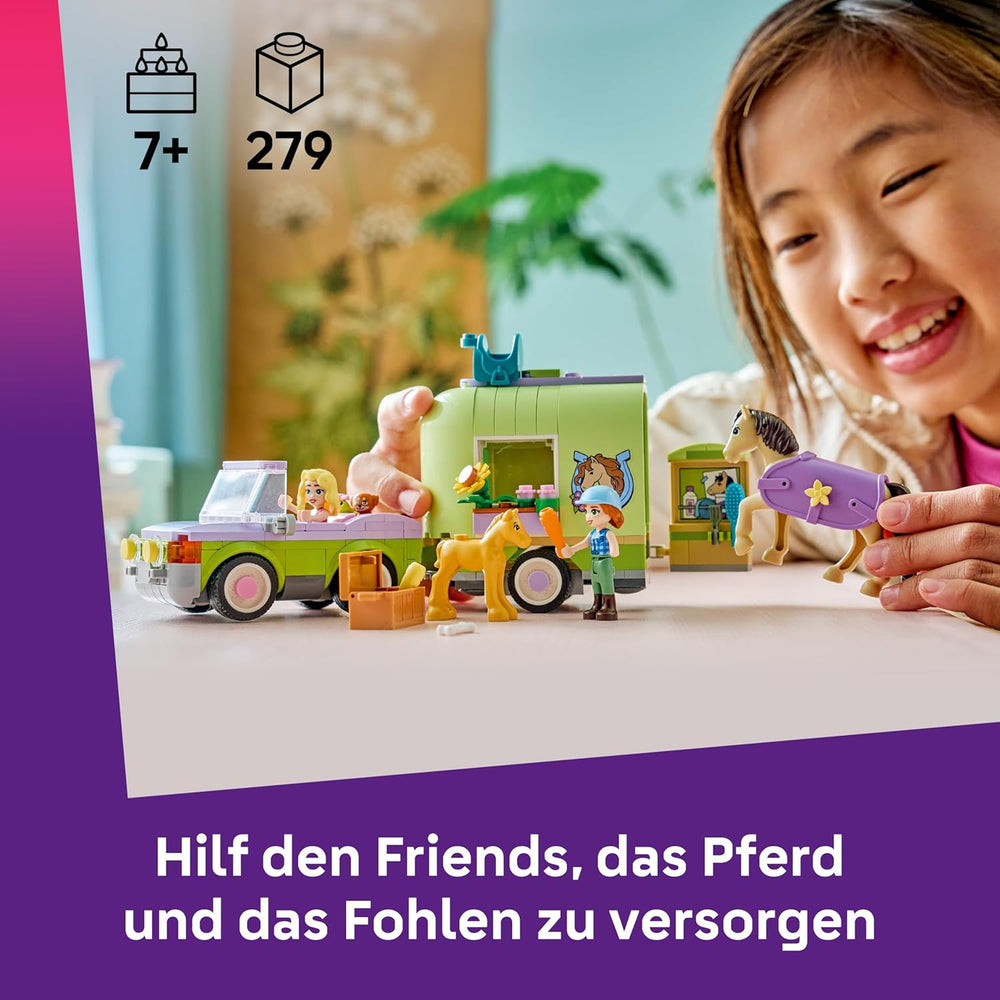 LEGO Friends Pferd und Fohlen mit Pferdeanhänger - Pferde Spielset mit Pflegezubehör, 4 Tierfiguren, Auto & 2 Mini Puppen - Geschenkidee zum Geburtstag für Mädchen ab 7 Jahren - 42695