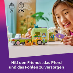 LEGO Friends Pferd und Fohlen mit Pferdeanhänger - Pferde Spielset mit Pflegezubehör, 4 Tierfiguren, Auto & 2 Mini Puppen - Geschenkidee zum Geburtstag für Mädchen ab 7 Jahren - 42695