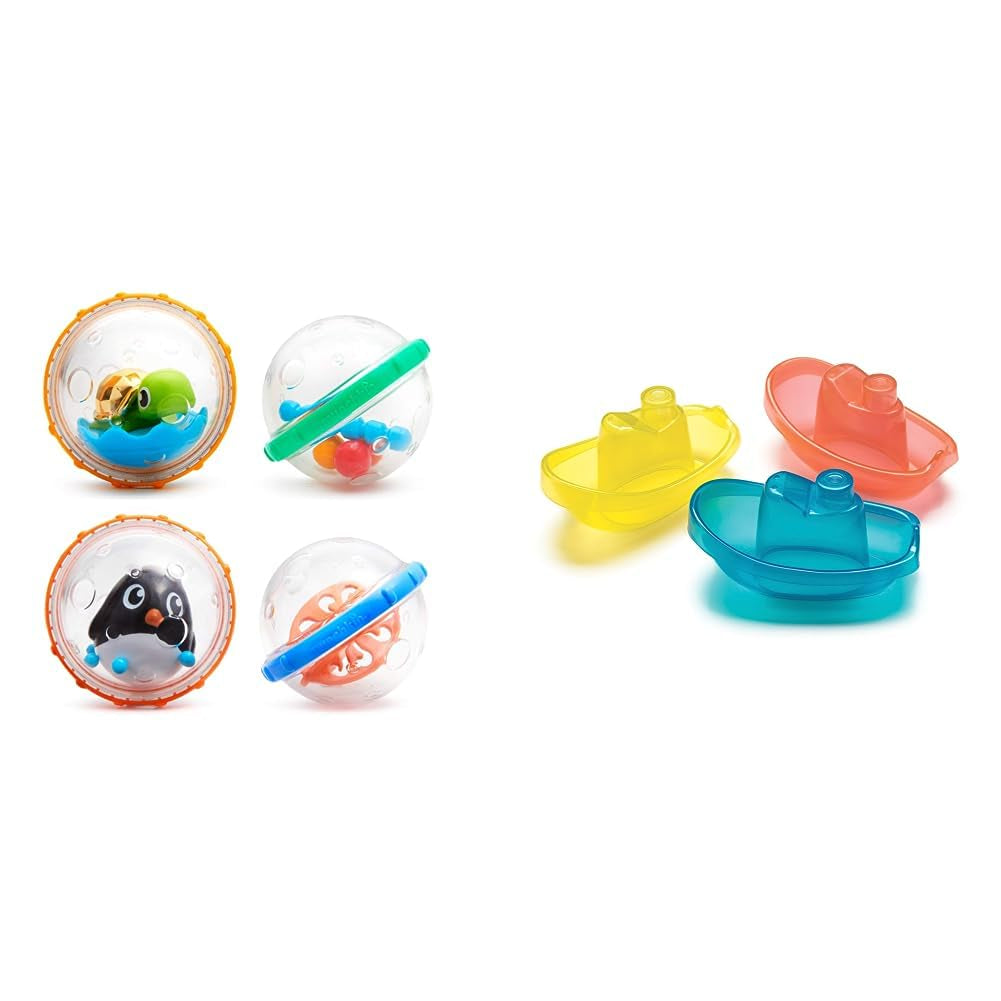 Jucărie de baie Munchkin Float and Play Bubbles | Baby Essentials | Jucării de baie pentru bebeluși și copii | Jucării de baie pentru bebeluși și jucării de duș | 2 pachete Jucarii Bebe Naty Shop Bundle cu bărci de scăldat Pachet de 4