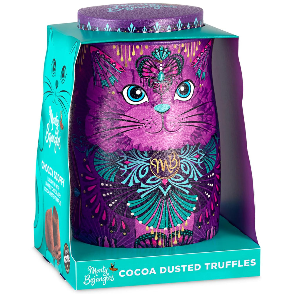 Trufe de ciocolată Monty Bojangles Savanna Gold (135g) pudrate cu cacao, praline, set cadou într-o cutie individuală de colecție cu design de pisică, aromă de scotch Flutter