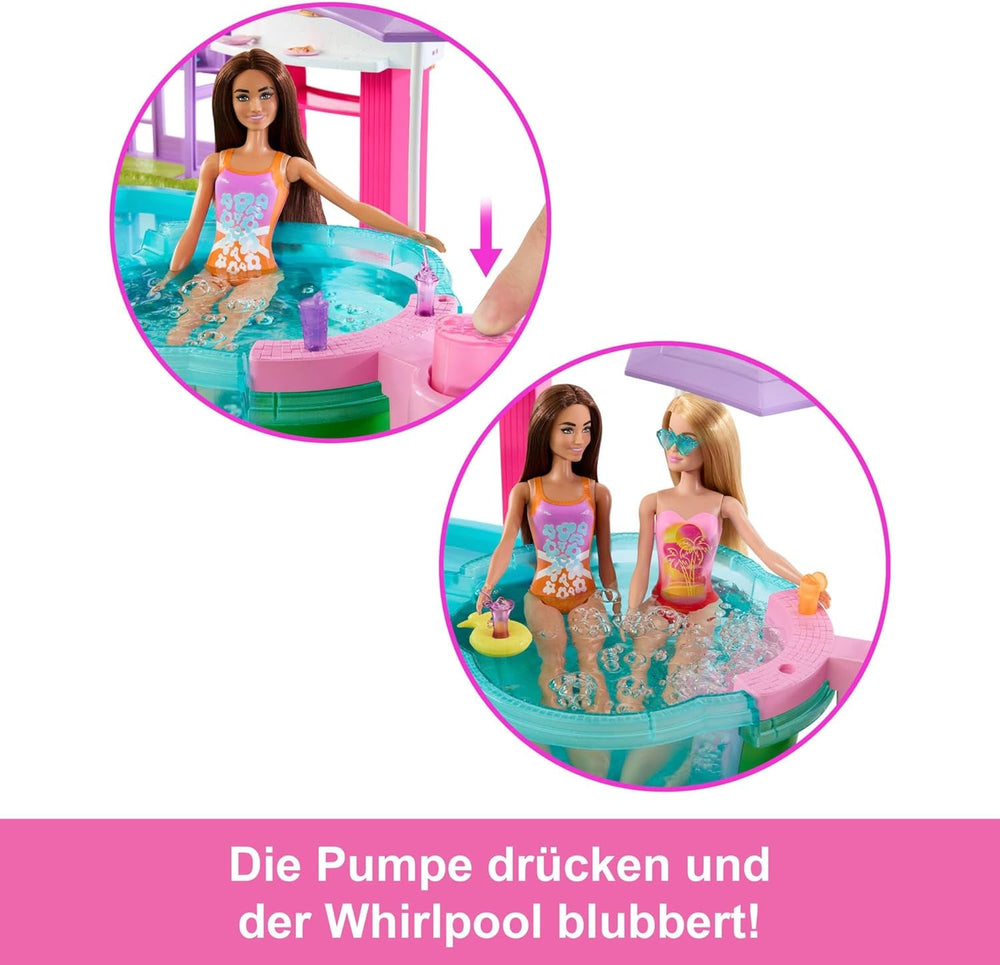 Set de joacă Barbie Dream Pool cu șase zone de joacă, inclusiv un tobogan și un jacuzzi, plus peste 20 de accesorii, cum ar fi un animal de companie, inele de înot și multe altele, JKG83
