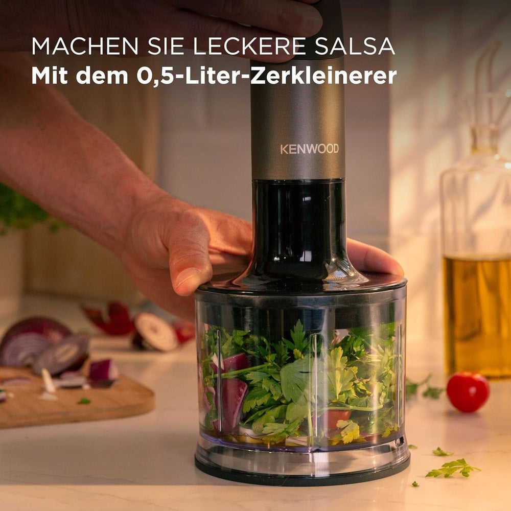 Kenwood Triblade XL Pro Stabmixer HBM80.322BK, 1200W, Variable Geschwindigkeiten, Edelstahl(Pürierfuß), Schneebesen, Emulgieraufsatz, 500Ml Zerkleiner, 700 & 250Ml Becher, Spülmaschinenfeste Teile Bucatarie Naty Shop