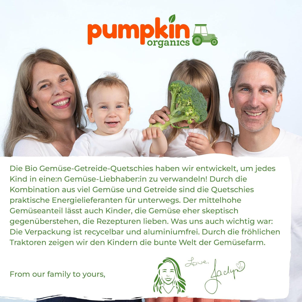 Pliculețe cu legume și cereale organice Pumpkin Organics, pachet de 8: Pară, Căpșuni, Cartofi dulci, Sfeclă roșie, Banană, Ovăz - Fără zahăr adăugat¹ - De la 6 luni - ca gustare sau aliment complementar la pachet (8 x 100g)