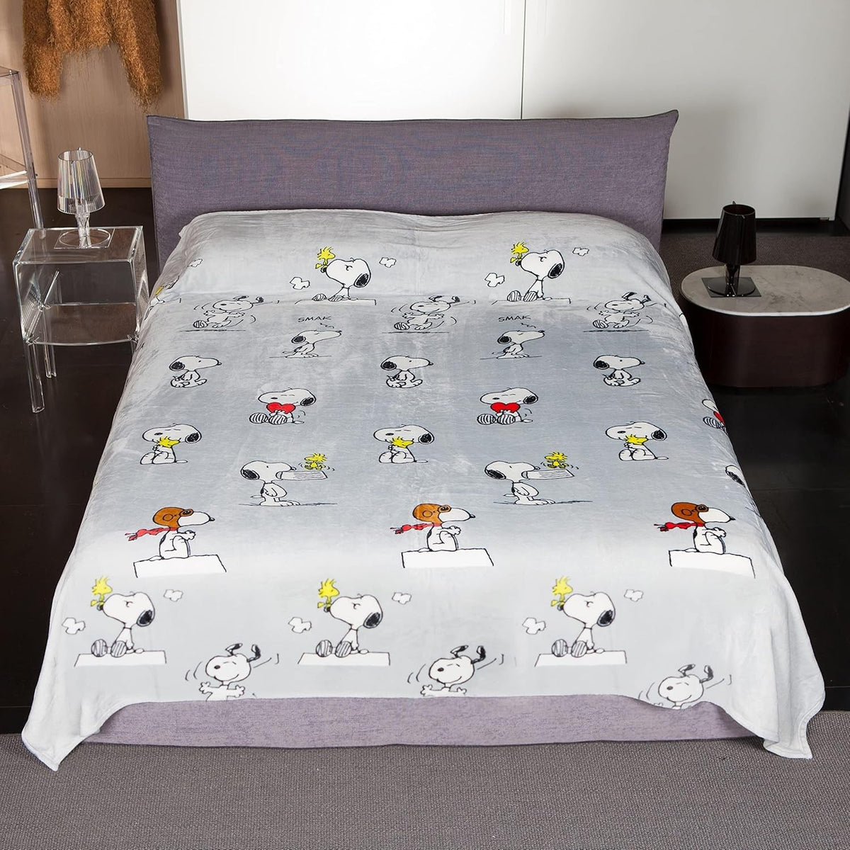 Kanguru Bed, cuvertură de pat, pătură din fleece pentru pat dublu, pătură din microfibră, Snoopy Peanuts GREY, 230X230Cm, pătură de vară, cuvertură de pat pentru dormitor Paturi si Cuverturi Besuche den Kanguru-Store 230 X 230 pat dublu Snoopy gri