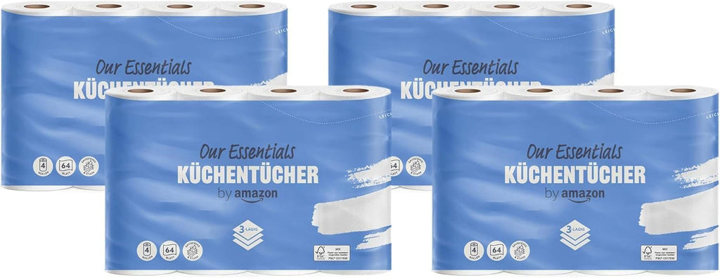 By Amazon Rolă de bucătărie, 3 straturi, 16 role (4 role, pachet de 4), 64 de foi pe rolă, certificată Fsc