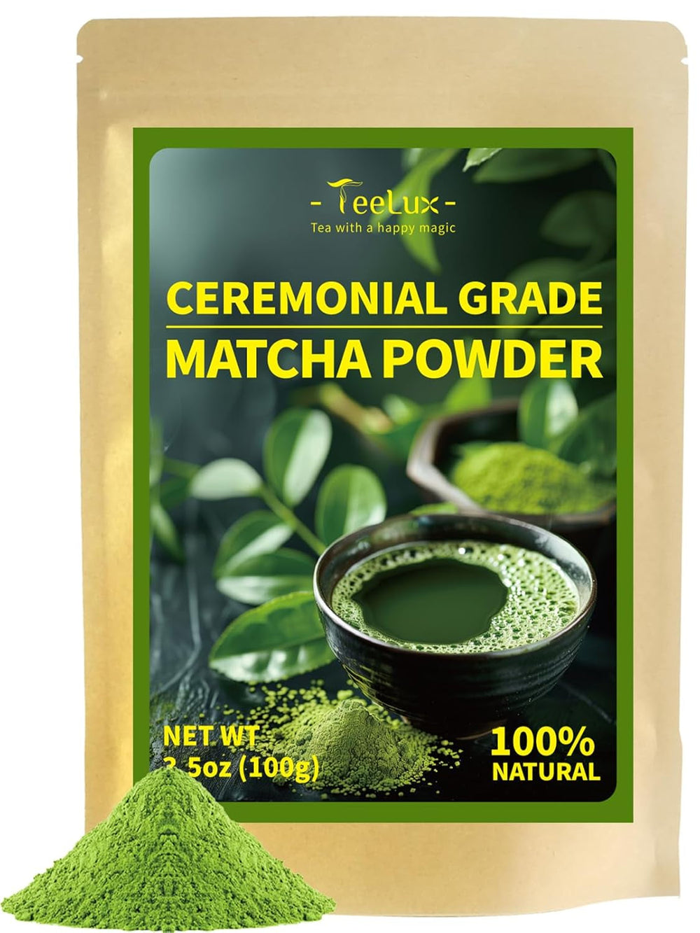 Teelux Matcha pulbere de ceai verde de ceremonie 100 g, vegan, pulbere de ceai verde Matcha premium vibrant, 100% frunze de ceai pure măcinate cu piatră, prima recoltă