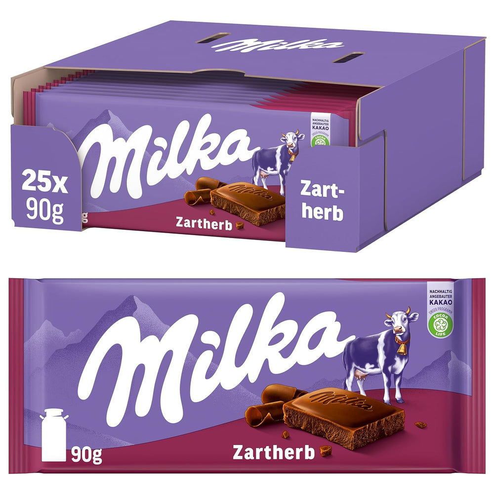 Milka Zartherb – ciocolată alpină neagră cu lapte, cu o notă delicată de cacao, într-un pachet multiplu – 25 x 90g