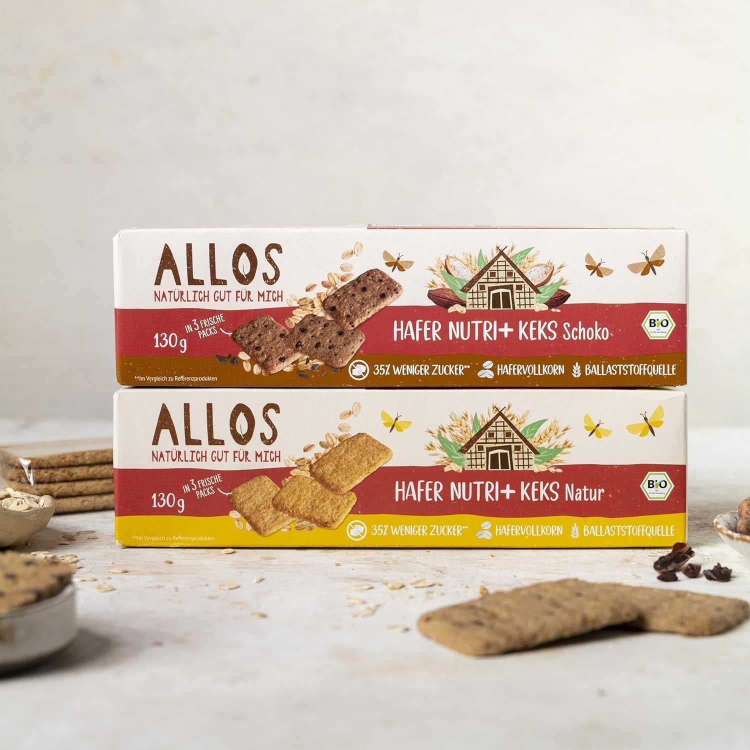 Biscuiți din ovăz organic Allos Nutri | Biscuiți crocanți din ovăz integral | Îndulciți cu miere | 6 x 130 g