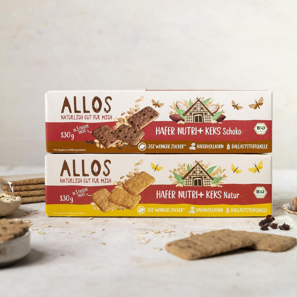 Biscuiți din ovăz organic Allos Nutri | Biscuiți crocanți din ovăz integral | Îndulciți cu miere | 6 x 130 g