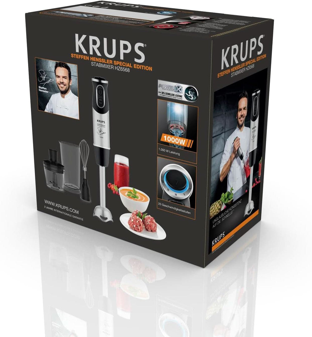 Krups Perfect Mix Stabmixer HZ6568 | Blender | 1000 Watt | Edelstahlfuß | 4 Extra Scharfe Messer | Powelix Technologie | Schneebesen | 500 Ml Zerkleinerer | 800 Ml Messbecher | Schwarz/Silber Bucatarie Naty Shop