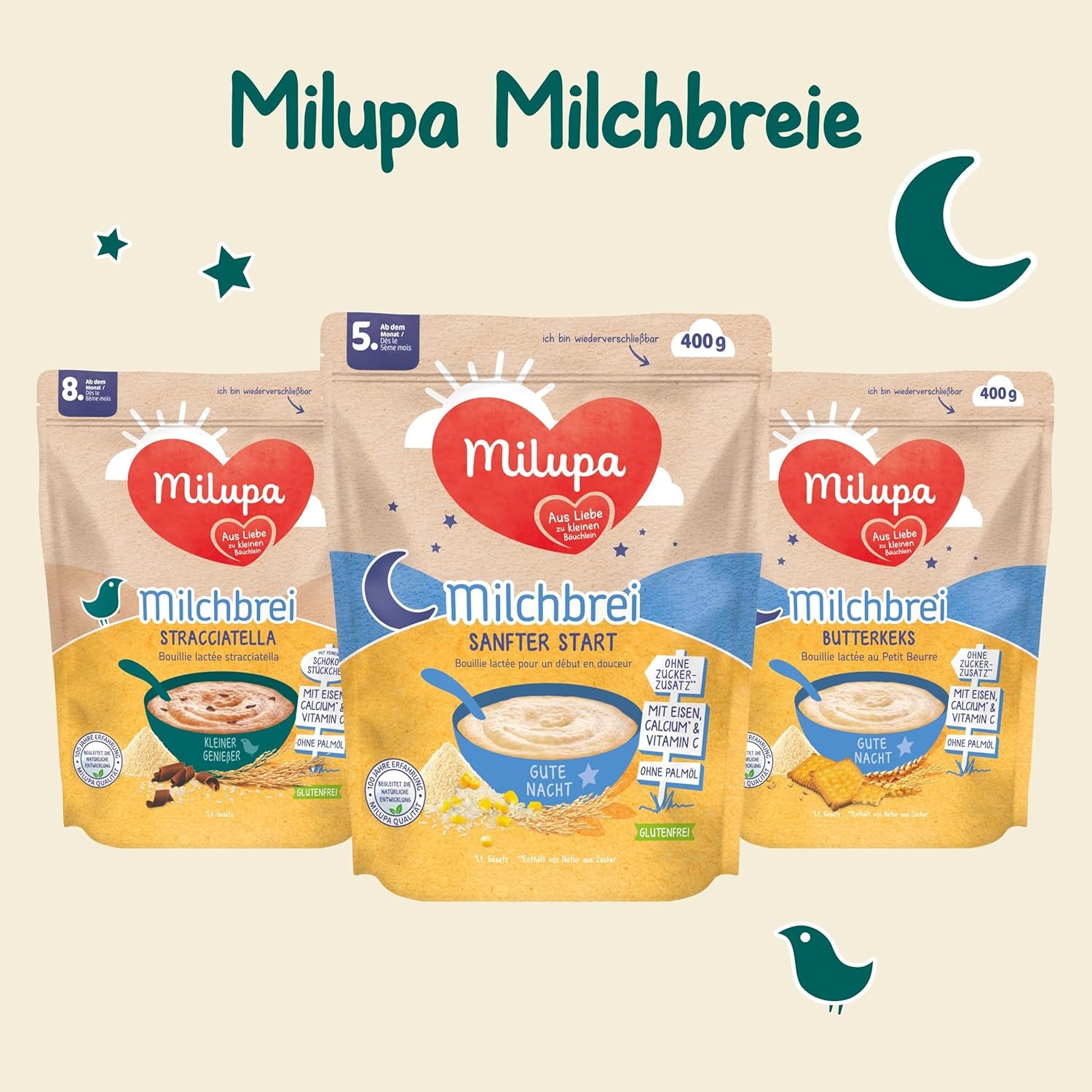 Terci de lapte Milupa Gentle Start – Cereale pentru bebeluși fără gluten, fără ulei de palmier – Fără conservanți și coloranți – De la 5 luni – 4 x 400 g