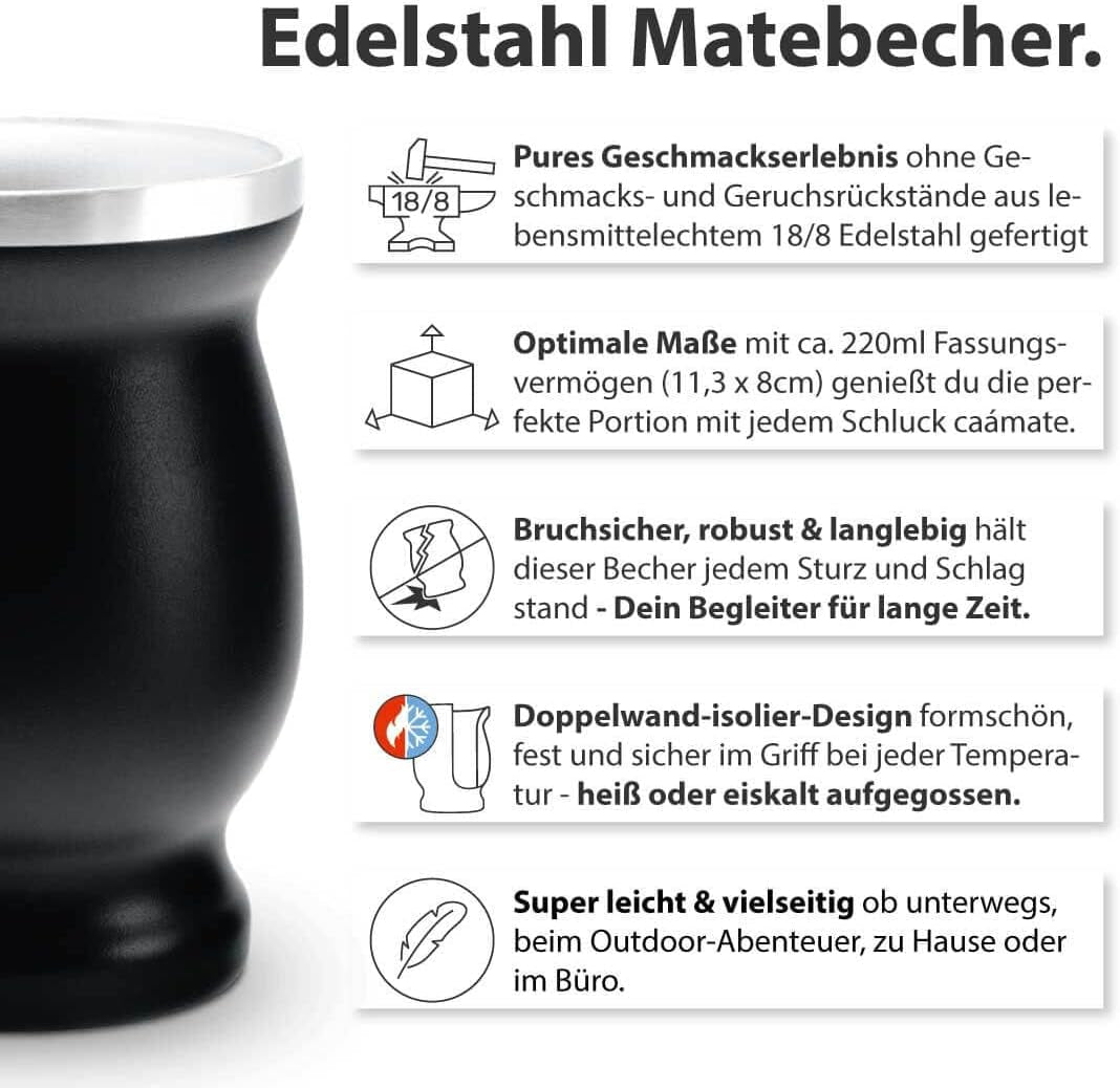 Set ceai Mate Bio ● 3 sortimente de Mate + 2 căni Mate din oțel inoxidabil cu pereți dubli + 2 bombillas + instrucțiuni de preparare (negru)