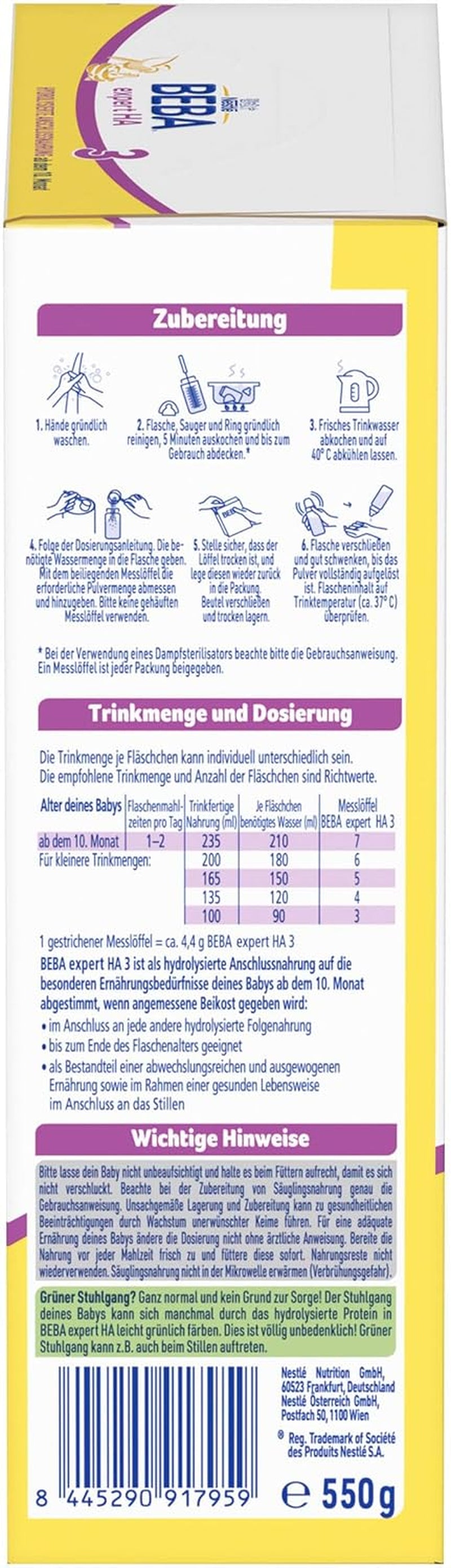 BEBA expert HA 3 Formulă de continuare hidrolizată, de la 10 luni, 1 pachet (1 x 550 g)