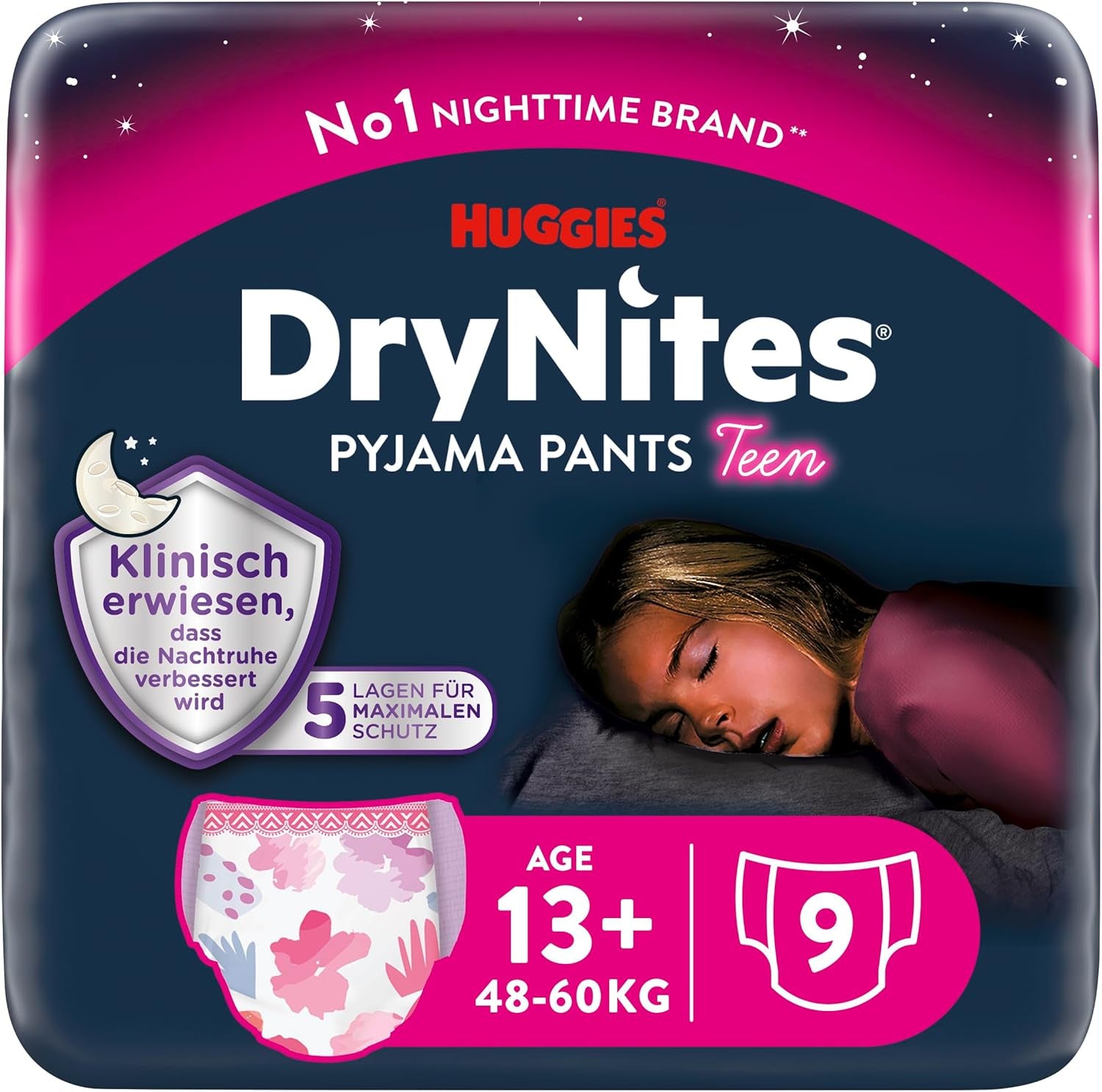 Scutece Huggies DryNites Nighttime pentru enurezis, pentru fete cu vârsta cuprinsă între 13 și aproximativ 17 ani (48-60 kg), 27 bucăți (3x9), pachet lunar, scutece-chiloți
