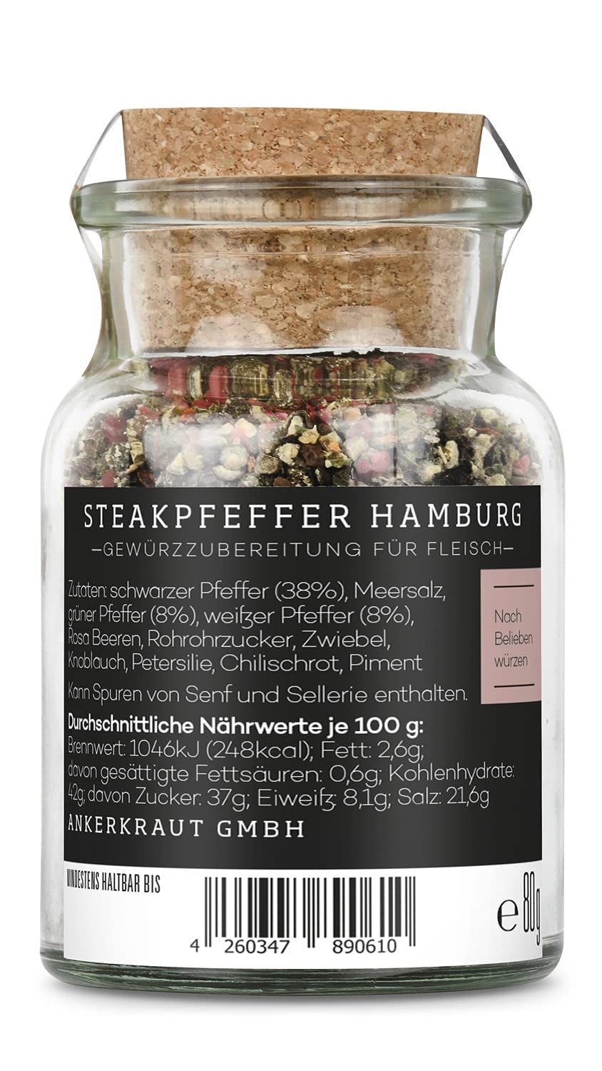 Ankerkraut Steakpfeffer Hamburg, Pfefferkörner Hausmischung, grober Steakhouse-Pfeffer, frische Note, Universal Allrounder, Lecker Kochen mit Qualität, 80 g im Korkenglas