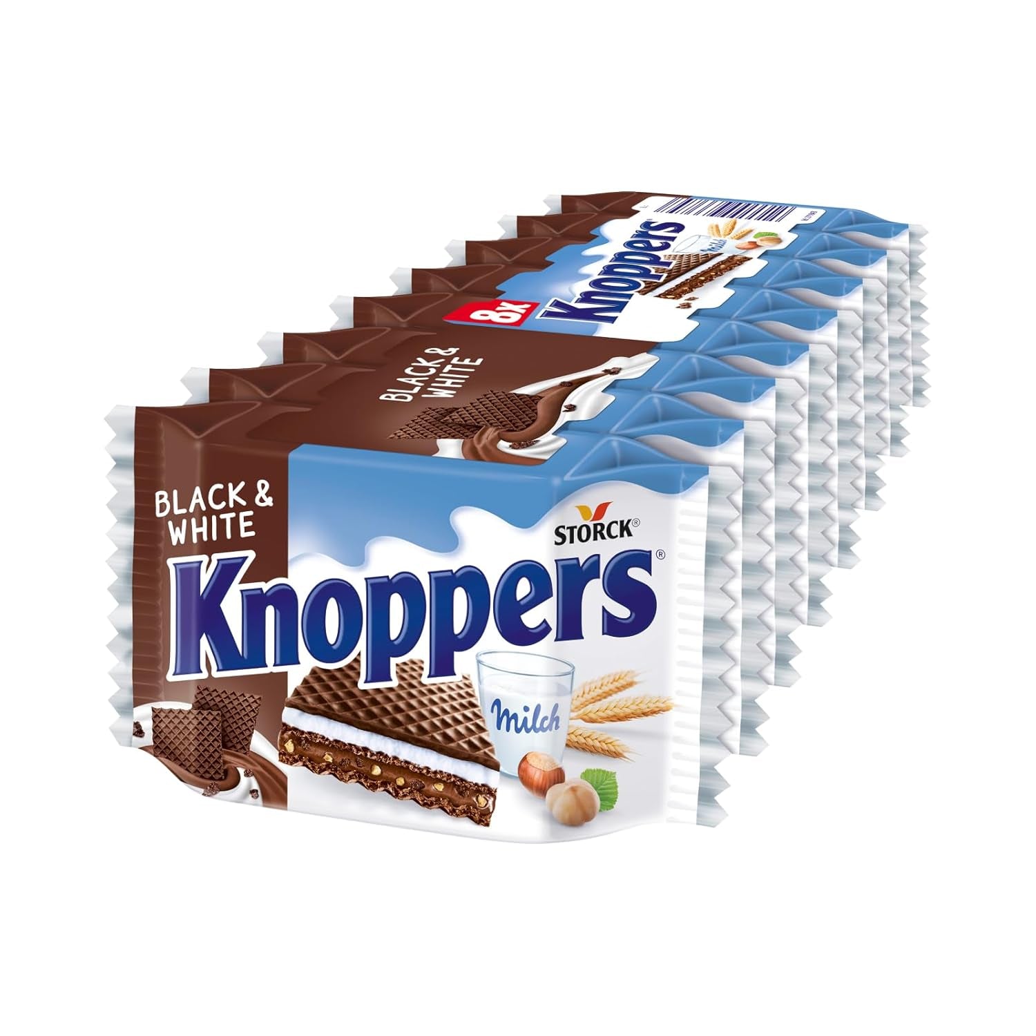 Knoppers Alb și Negru – 8 x 25 g – Felii de napolitană umplute cu napolitane cu cacao neagră, bucăți de biscuiți negri, lapte și cremă de nuga