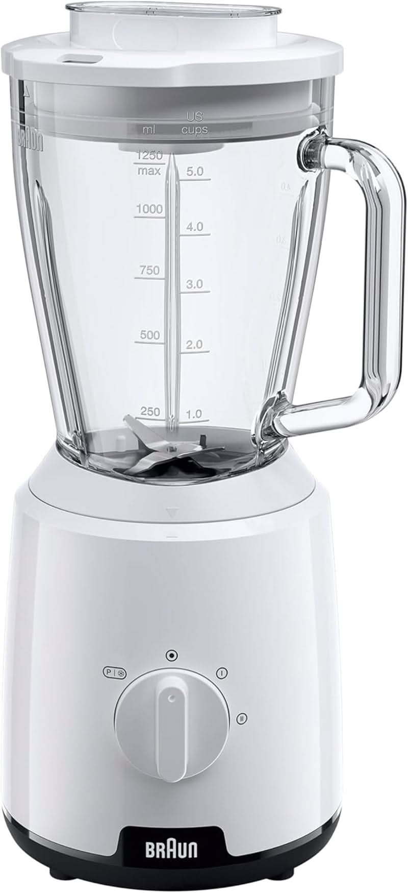 Braun Powerblend 1 JB1050WH - Standmixer Mit 1,5 L Glas-Mixaufsatz, Küchenhelfer Zum Zerkleinern, Pürieren & Mixen, Ice-Crush-Funktion, 2 Geschwindigkeiten, 600 Watt, Weiß Bucatarie Naty Shop Weiß Glas-Mixaufsatz