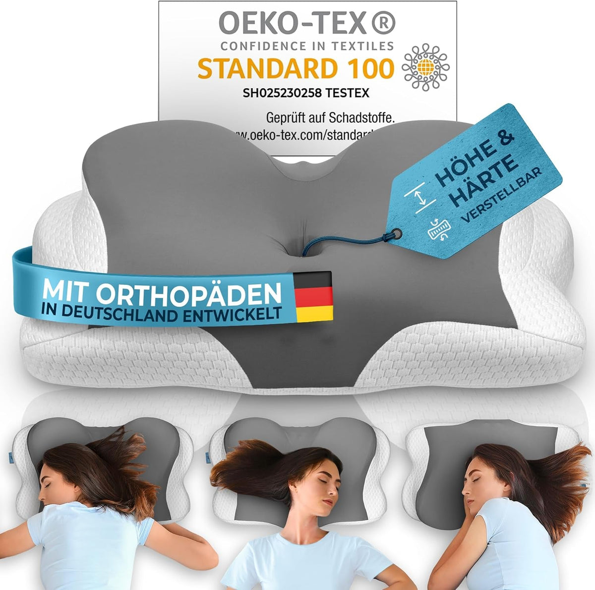 Pernă ortopedică [Innovation Award for Ergonomics Nominated] Pernă pentru dureri de gât Fabricată din spumă cu memorie | Pernă pentru susținerea gâtului Rulou ergonomic pentru gât Pernă pentru dormit lateral Gri Perne ortopedice cervicale Naty Shop Gri Kissen [Version:Allrounder]