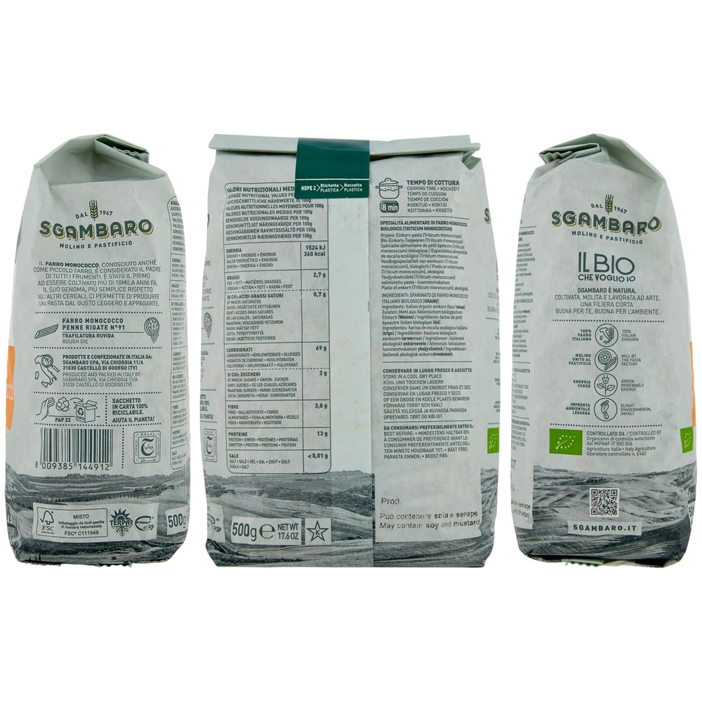 Paste Penne Rigate Organice N.91 - 500g Paste din grâu alac – Conținut scăzut de grăsimi – Sursă de fibre și proteine