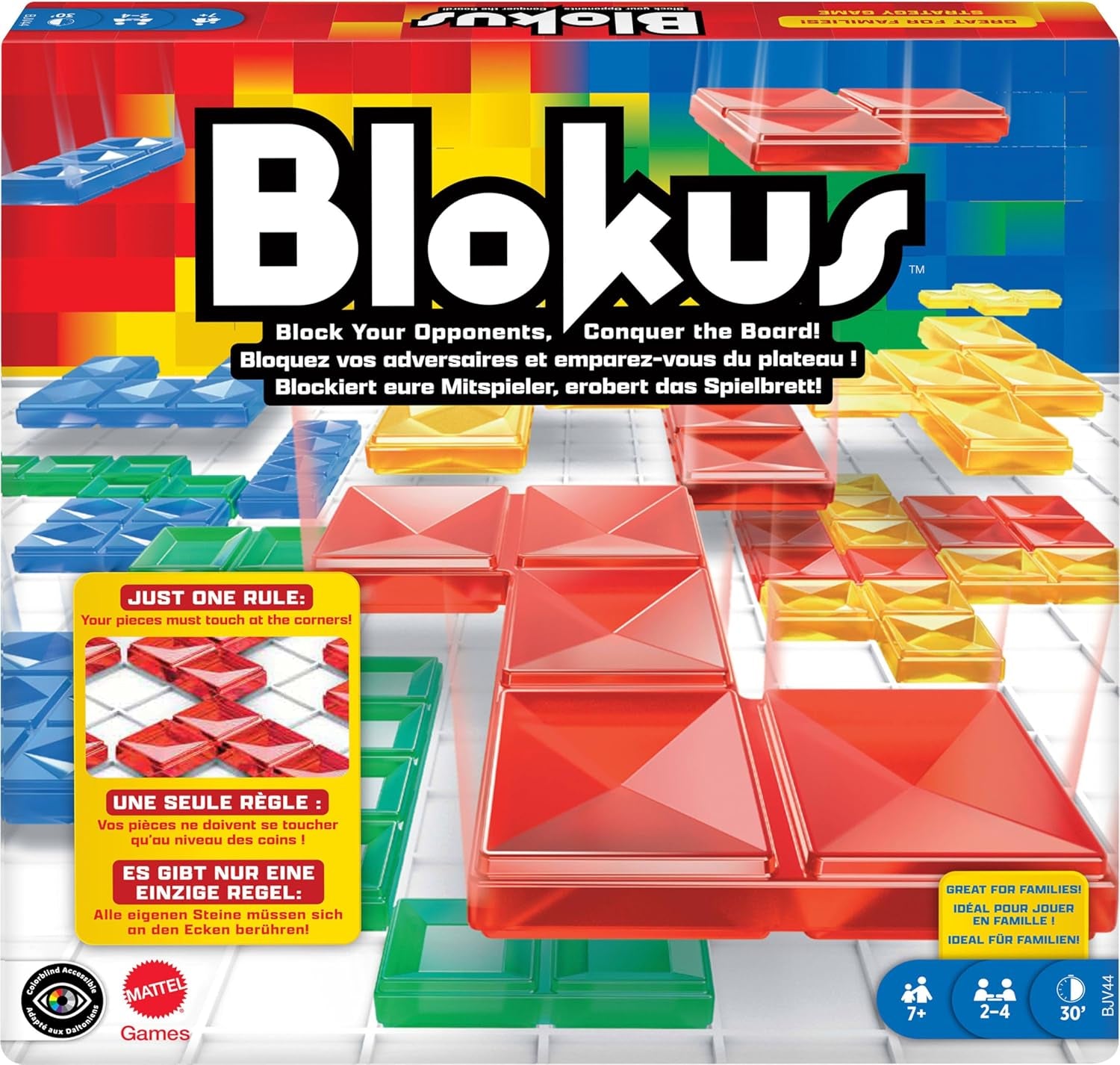 Mattel Games Blokus Game, joc de societate pentru familie, joc de strategie, pentru 2-4 jucători, joc de petrecere, vârste de la 7 ani în sus, BJV44