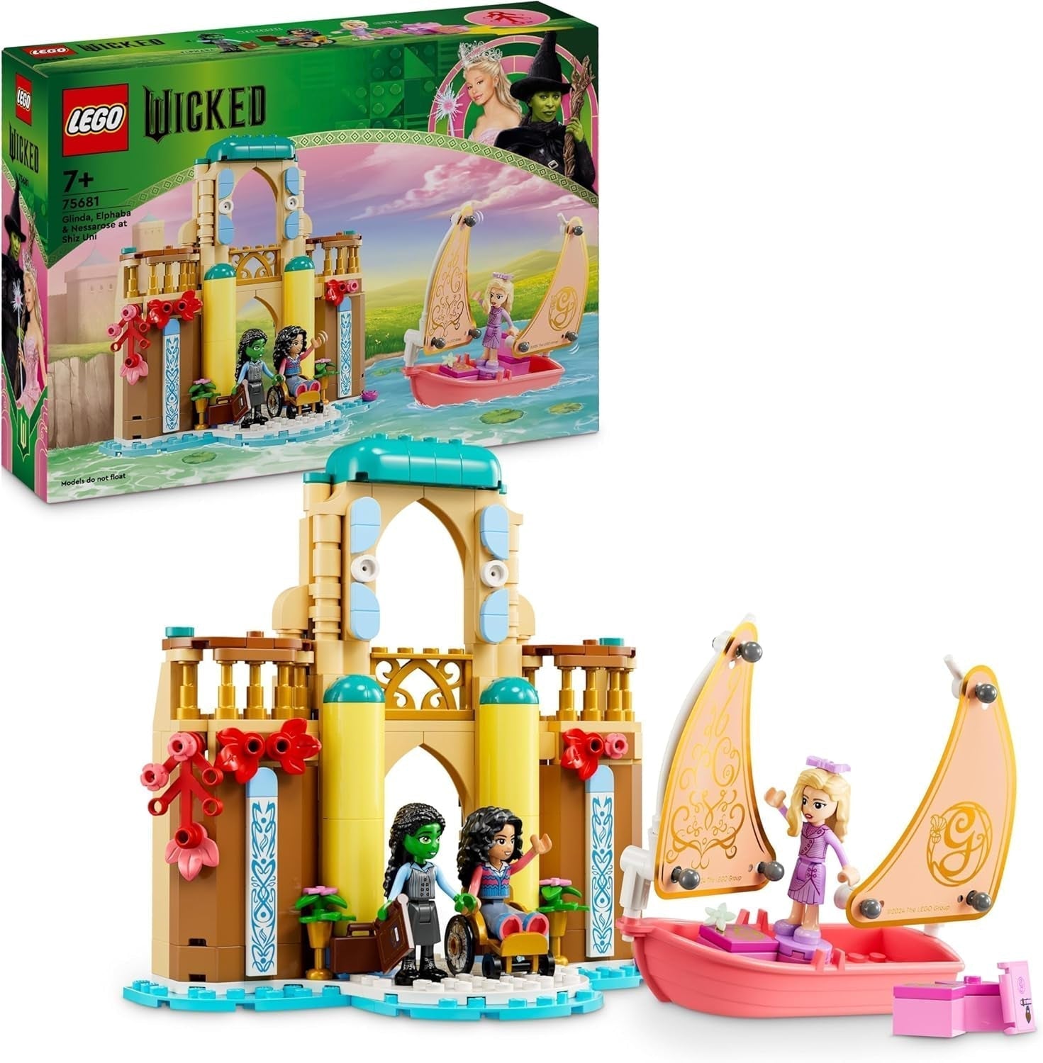 LEGO Wicked Glinda, Elphaba și Nessarose la Universitatea Shiz, barcă cu pânze și 3 figurine, barcă de jucărie, cadou pentru fete și băieți de la 7 ani, iubitorii casei de păpuși 75681 Seturi de constructie Besuche den LEGO-Store Titlu implicit