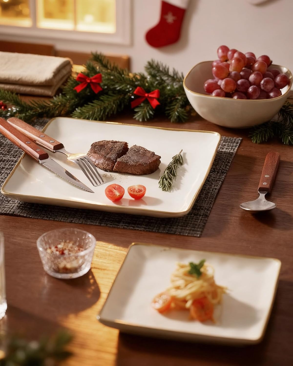 Set de veselă din gresie pentru 6 persoane, seria Ocean, set de veselă pătrată cu 18 piese, set de farfurii, serviciu combinat cu glazură reactivă, veselă rezistentă la zgârieturi, bej